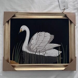 BP Home Framed 21"x17" Textile Wall Art Elegant Embroidered Swan Gold Frame New!